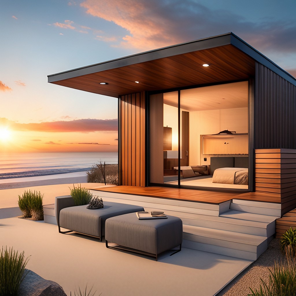 Modern coastal small home with warm wood finishes